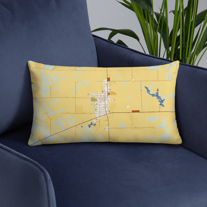 Custom Green City Missouri Map Throw Pillow in Woodblock on Blue Colored Chair