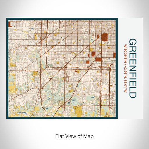 Rendered View of Greenfield Wisconsin Map on 20oz Stainless Steel Insulated Bottle with Bamboo Top with printed woodblock style map