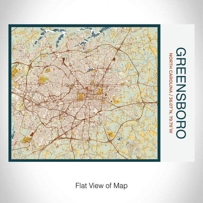 Rendered View of Greensboro North Carolina Map on 20oz Stainless Steel Insulated Bottle with Bamboo Top with printed woodblock style map