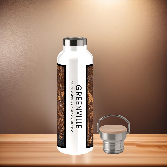 Greenville South Carolina Custom City Map Inscription Coordinates on 20oz Stainless Steel Insulated Bottle with Bamboo Top with printed ember style map