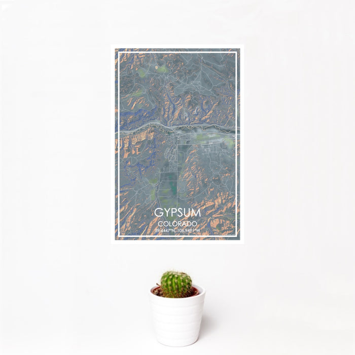 12x18 Gypsum Colorado Map Print Portrait Orientation in Afternoon Style With Small Cactus Plant in White Planter