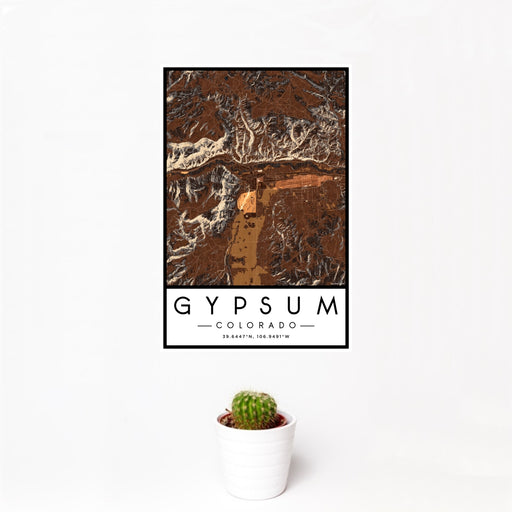 12x18 Gypsum Colorado Map Print Portrait Orientation in Ember Style With Small Cactus Plant in White Planter