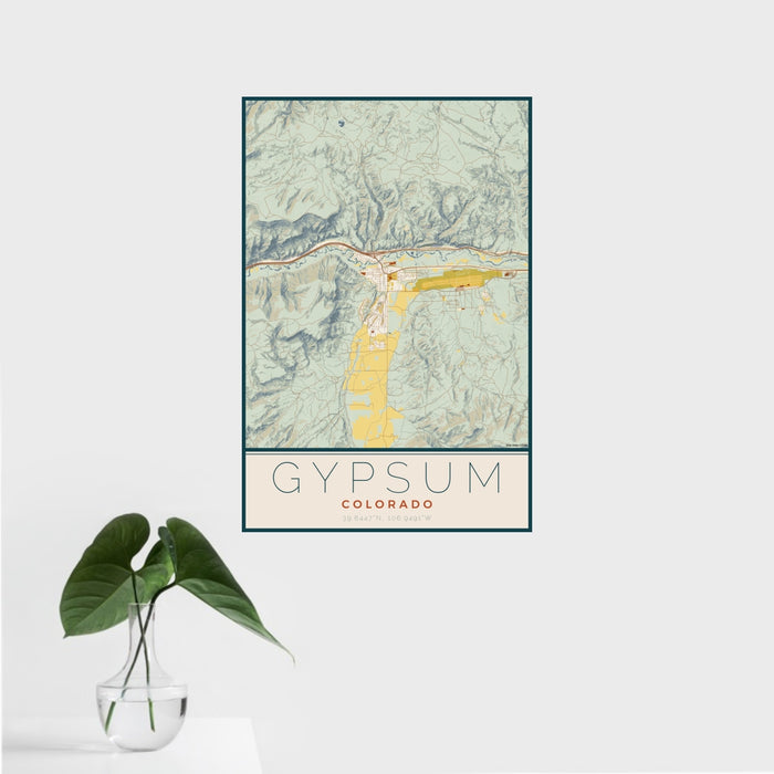 16x24 Gypsum Colorado Map Print Portrait Orientation in Woodblock Style With Tropical Plant Leaves in Water