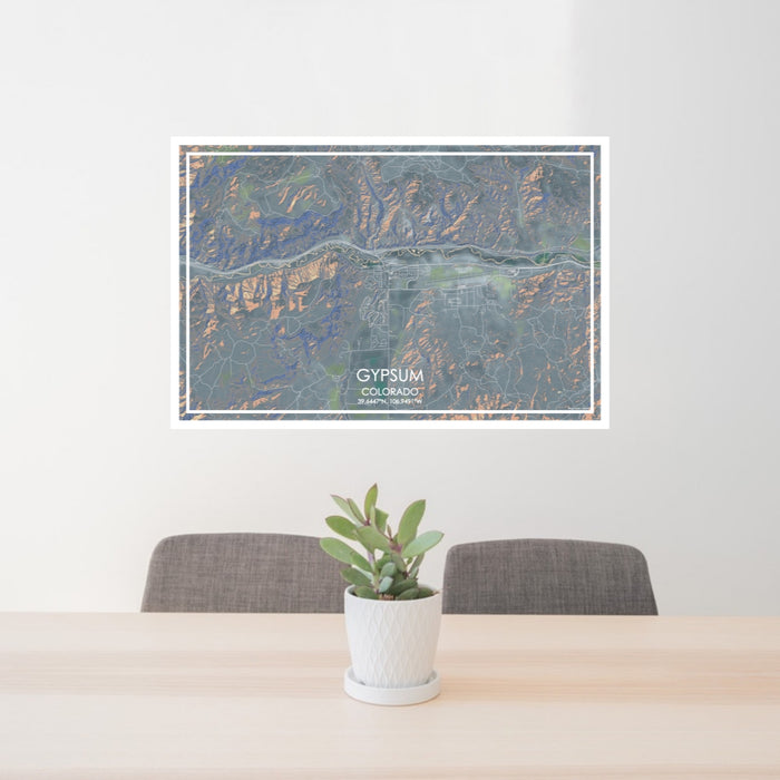 24x36 Gypsum Colorado Map Print Lanscape Orientation in Afternoon Style Behind 2 Chairs Table and Potted Plant
