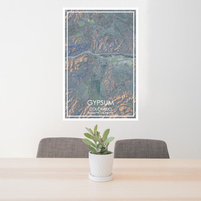 24x36 Gypsum Colorado Map Print Portrait Orientation in Afternoon Style Behind 2 Chairs Table and Potted Plant