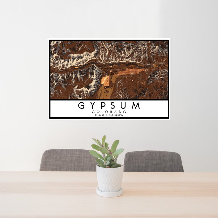 24x36 Gypsum Colorado Map Print Lanscape Orientation in Ember Style Behind 2 Chairs Table and Potted Plant
