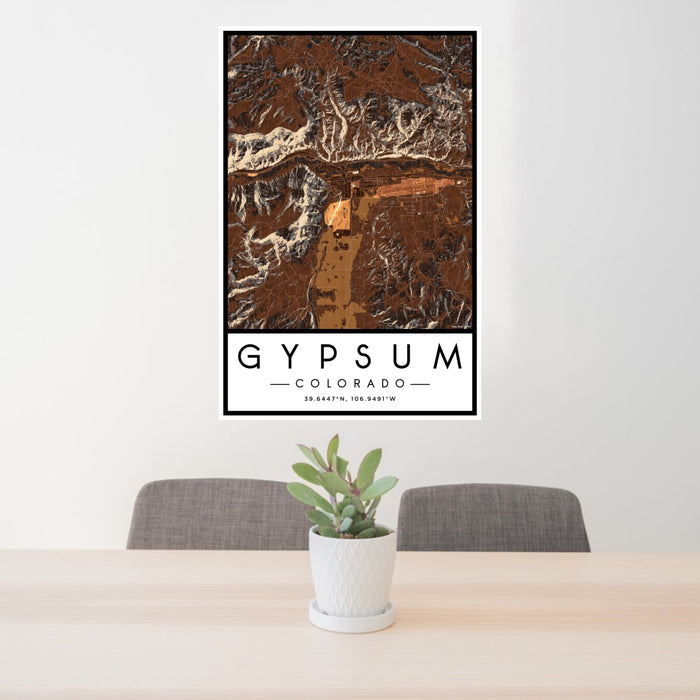 24x36 Gypsum Colorado Map Print Portrait Orientation in Ember Style Behind 2 Chairs Table and Potted Plant