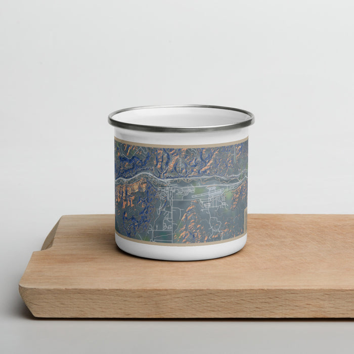 Front View Custom Gypsum Colorado Map Enamel Mug in Afternoon on Cutting Board