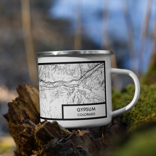 Right View Custom Gypsum Colorado Map Enamel Mug in Classic on Grass With Trees in Background