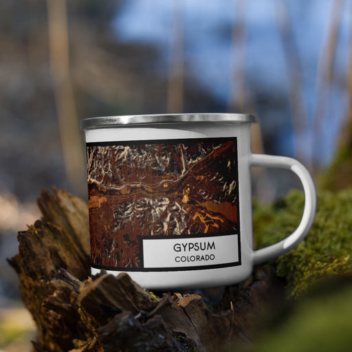 Right View Custom Gypsum Colorado Map Enamel Mug in Ember on Grass With Trees in Background