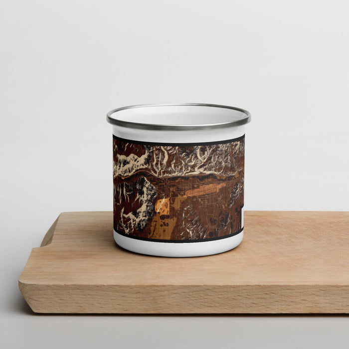 Front View Custom Gypsum Colorado Map Enamel Mug in Ember on Cutting Board