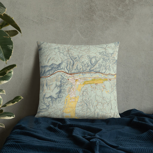 Custom Gypsum Colorado Map Throw Pillow in Woodblock on Bedding Against Wall