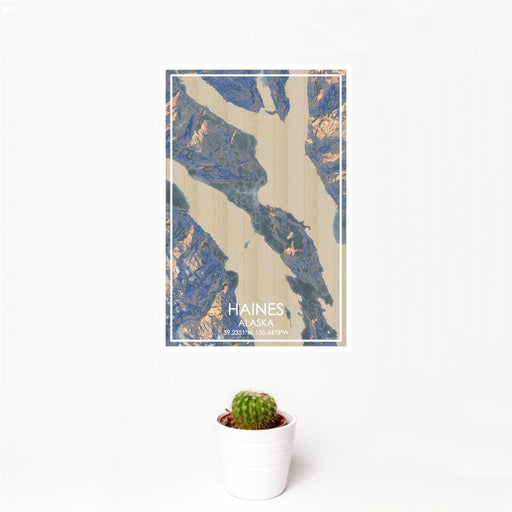 12x18 Haines Alaska Map Print Portrait Orientation in Afternoon Style With Small Cactus Plant in White Planter