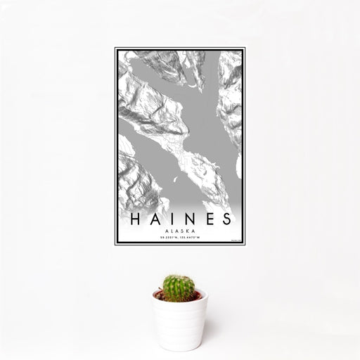 12x18 Haines Alaska Map Print Portrait Orientation in Classic Style With Small Cactus Plant in White Planter
