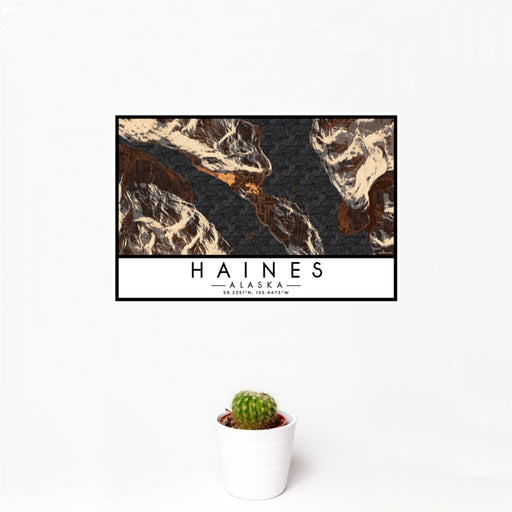 12x18 Haines Alaska Map Print Landscape Orientation in Ember Style With Small Cactus Plant in White Planter