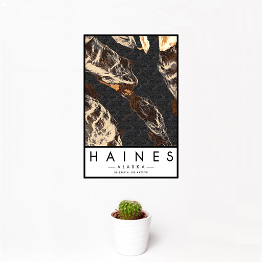 12x18 Haines Alaska Map Print Portrait Orientation in Ember Style With Small Cactus Plant in White Planter