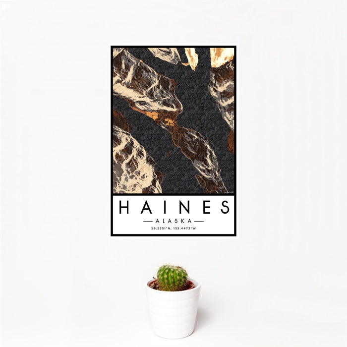 12x18 Haines Alaska Map Print Portrait Orientation in Ember Style With Small Cactus Plant in White Planter