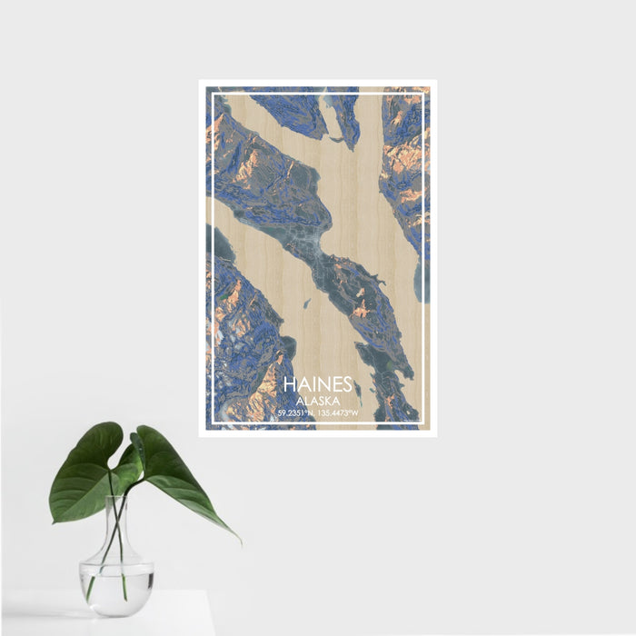 16x24 Haines Alaska Map Print Portrait Orientation in Afternoon Style With Tropical Plant Leaves in Water
