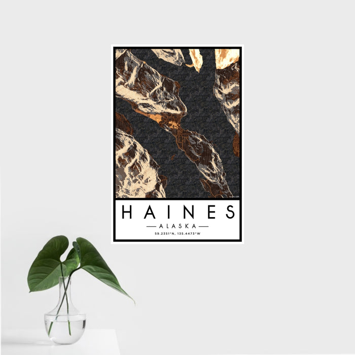 16x24 Haines Alaska Map Print Portrait Orientation in Ember Style With Tropical Plant Leaves in Water