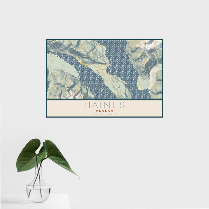 16x24 Haines Alaska Map Print Landscape Orientation in Woodblock Style With Tropical Plant Leaves in Water