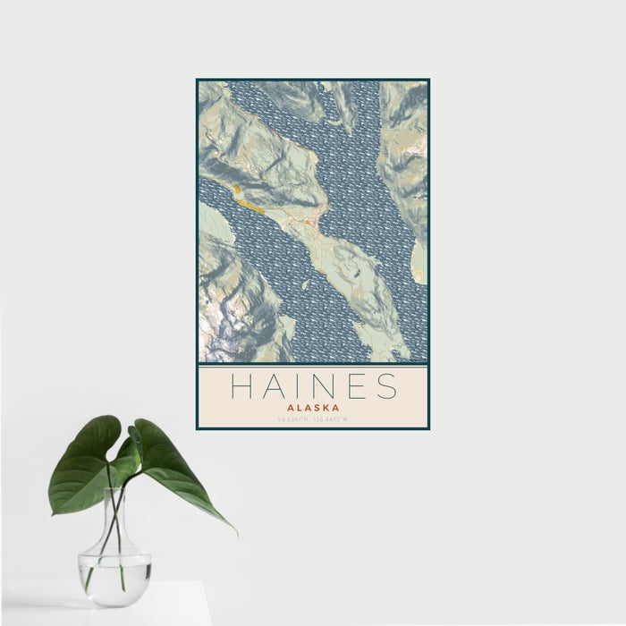 16x24 Haines Alaska Map Print Portrait Orientation in Woodblock Style With Tropical Plant Leaves in Water