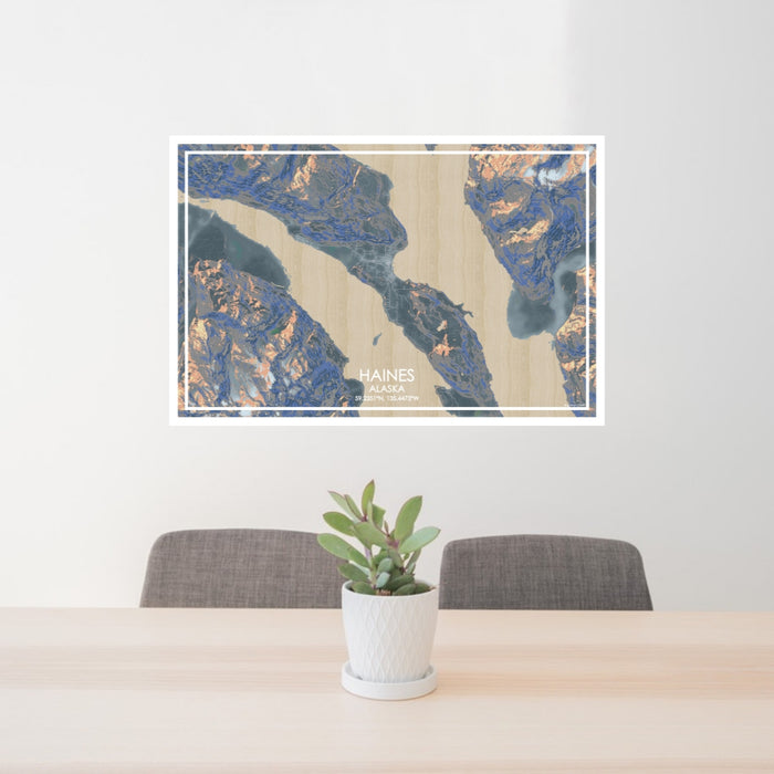 24x36 Haines Alaska Map Print Lanscape Orientation in Afternoon Style Behind 2 Chairs Table and Potted Plant