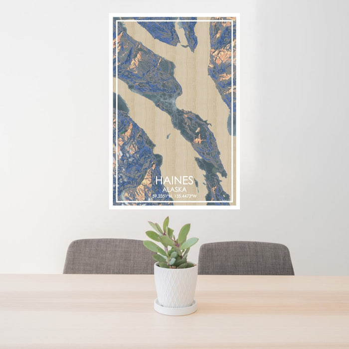 24x36 Haines Alaska Map Print Portrait Orientation in Afternoon Style Behind 2 Chairs Table and Potted Plant