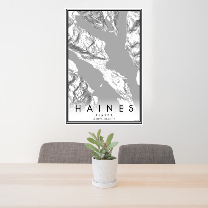 24x36 Haines Alaska Map Print Portrait Orientation in Classic Style Behind 2 Chairs Table and Potted Plant