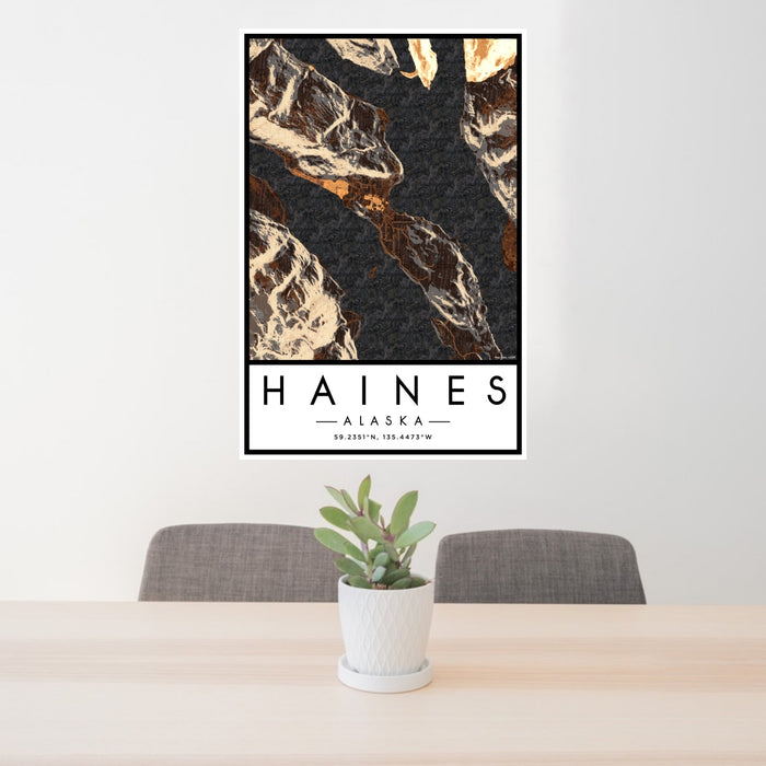 24x36 Haines Alaska Map Print Portrait Orientation in Ember Style Behind 2 Chairs Table and Potted Plant