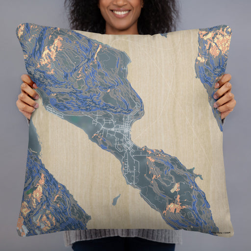 Person holding 22x22 Custom Haines Alaska Map Throw Pillow in Afternoon