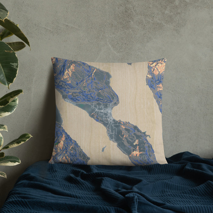 Custom Haines Alaska Map Throw Pillow in Afternoon on Bedding Against Wall
