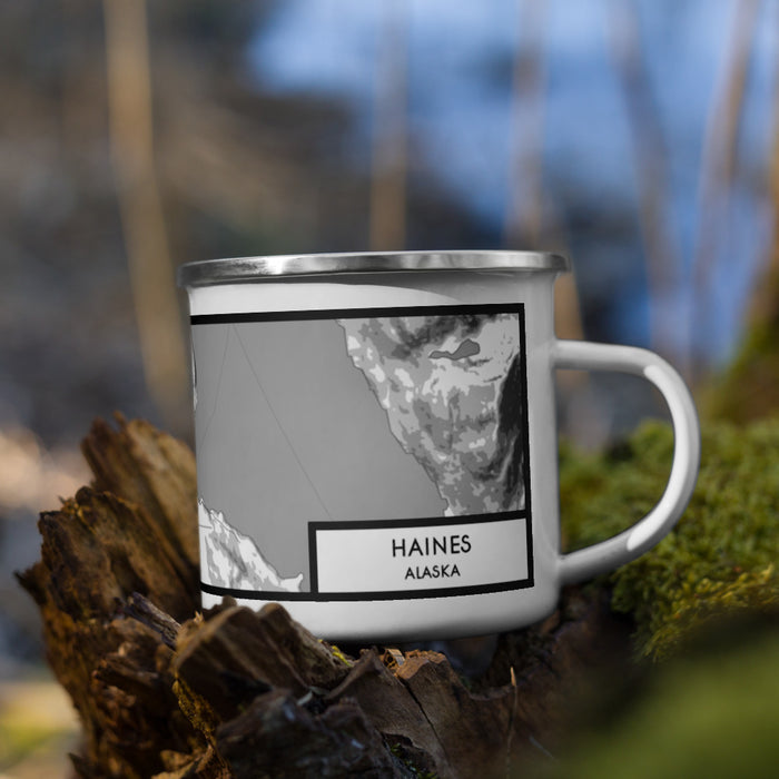 Right View Custom Haines Alaska Map Enamel Mug in Classic on Grass With Trees in Background