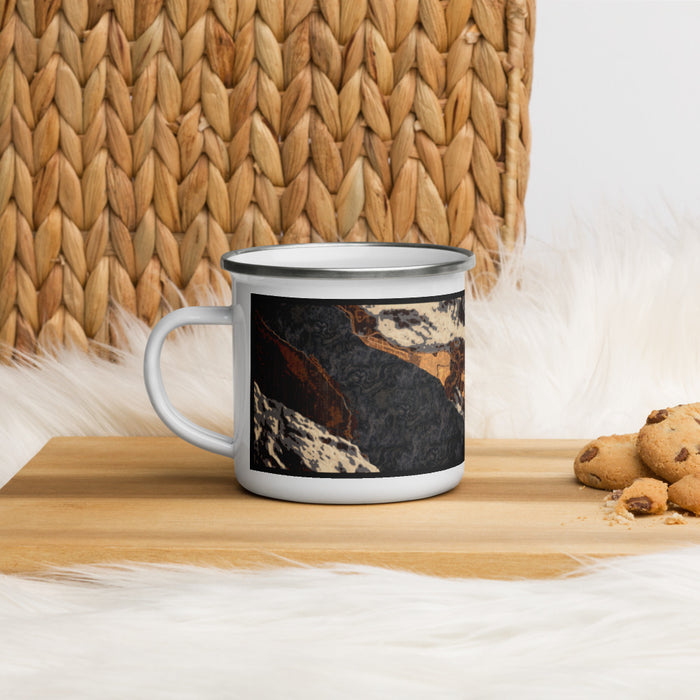 Left View Custom Haines Alaska Map Enamel Mug in Ember on Table Top