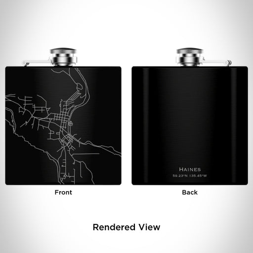 Rendered View of Haines Alaska Map Engraving on 6oz Stainless Steel Flask in Black