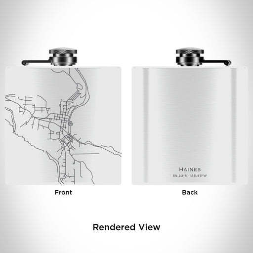 Rendered View of Haines Alaska Map Engraving on 6oz Stainless Steel Flask in White