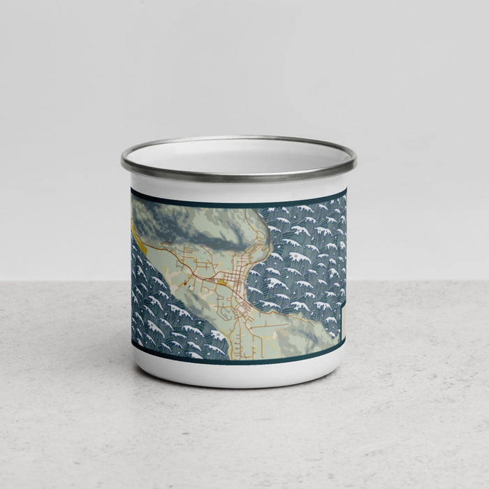 Front View Custom Haines Alaska Map Enamel Mug in Woodblock