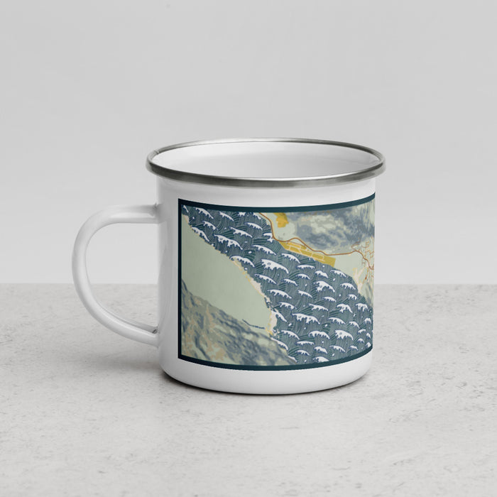 Left View Custom Haines Alaska Map Enamel Mug in Woodblock