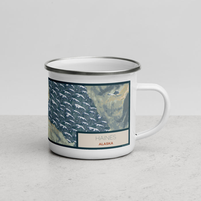 Right View Custom Haines Alaska Map Enamel Mug in Woodblock