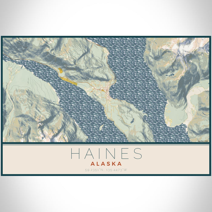 Haines Alaska Map Print Landscape Orientation in Woodblock Style With Shaded Background