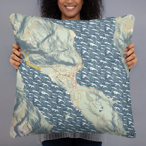 Person holding 22x22 Custom Haines Alaska Map Throw Pillow in Woodblock