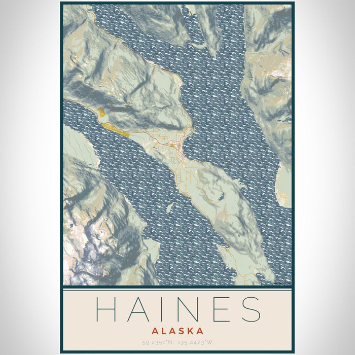 Haines Alaska Map Print Portrait Orientation in Woodblock Style With Shaded Background