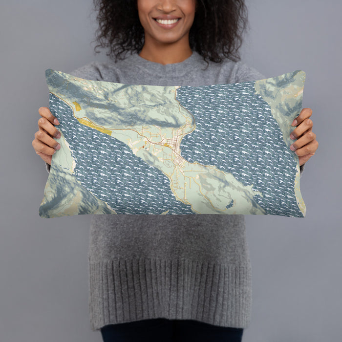Person holding 20x12 Custom Haines Alaska Map Throw Pillow in Woodblock