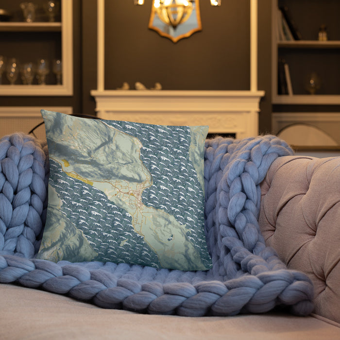 Custom Haines Alaska Map Throw Pillow in Woodblock on Cream Colored Couch