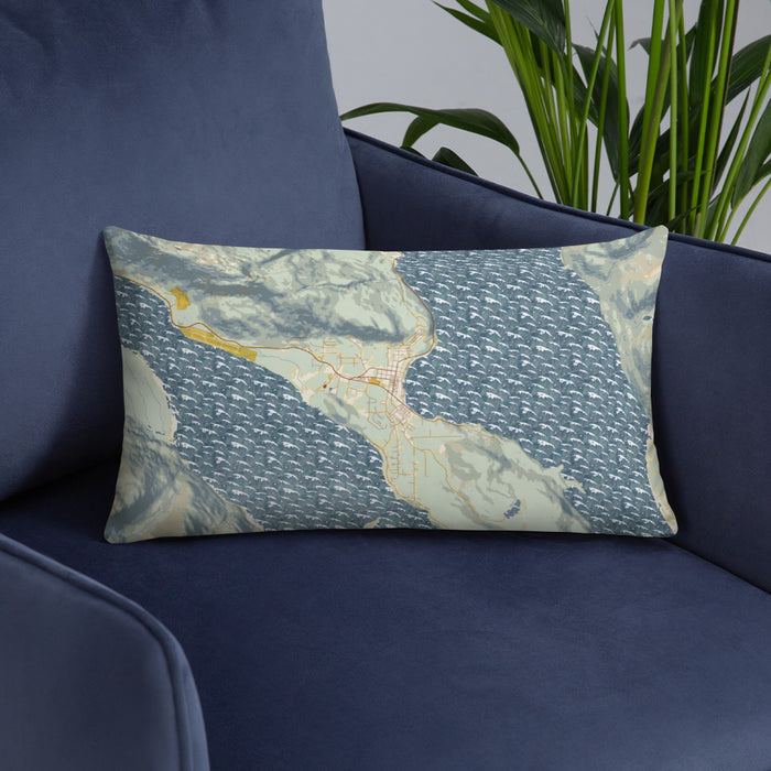Custom Haines Alaska Map Throw Pillow in Woodblock on Blue Colored Chair