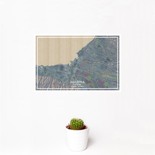 12x18 Haleiwa Hawaii Map Print Landscape Orientation in Afternoon Style With Small Cactus Plant in White Planter