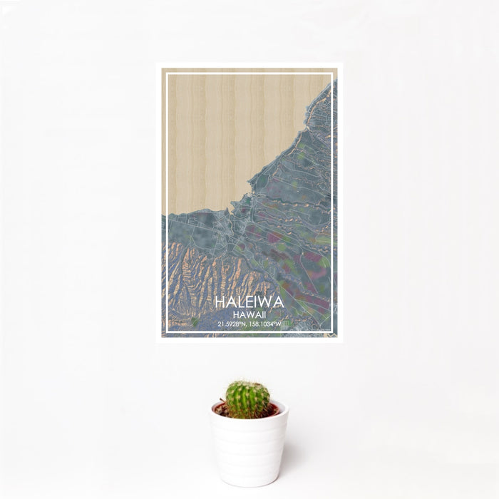 12x18 Haleiwa Hawaii Map Print Portrait Orientation in Afternoon Style With Small Cactus Plant in White Planter