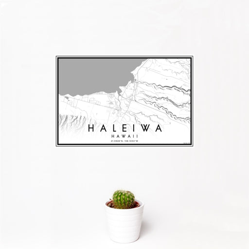 12x18 Haleiwa Hawaii Map Print Landscape Orientation in Classic Style With Small Cactus Plant in White Planter