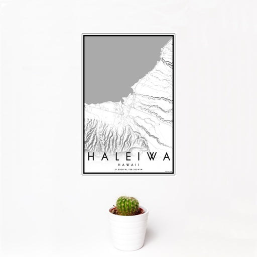 12x18 Haleiwa Hawaii Map Print Portrait Orientation in Classic Style With Small Cactus Plant in White Planter