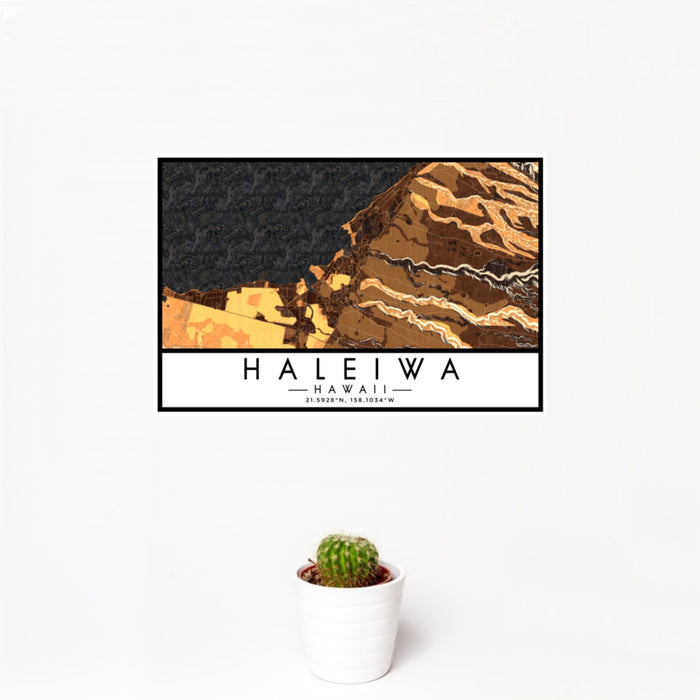 12x18 Haleiwa Hawaii Map Print Landscape Orientation in Ember Style With Small Cactus Plant in White Planter