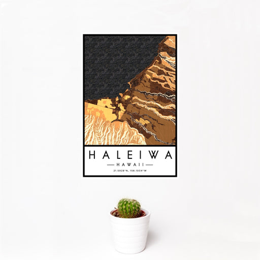 12x18 Haleiwa Hawaii Map Print Portrait Orientation in Ember Style With Small Cactus Plant in White Planter